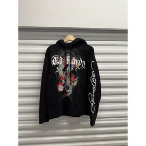 Ed Hardy Mens Dragon Graphic Hoodie Black Pullover Sweatshirt Medium DEH Logo